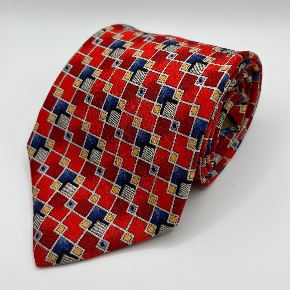 Robert‎ Talbott Studio Red/Blue Geometric Pattern Hand Sewn Imported Silk 60x4"